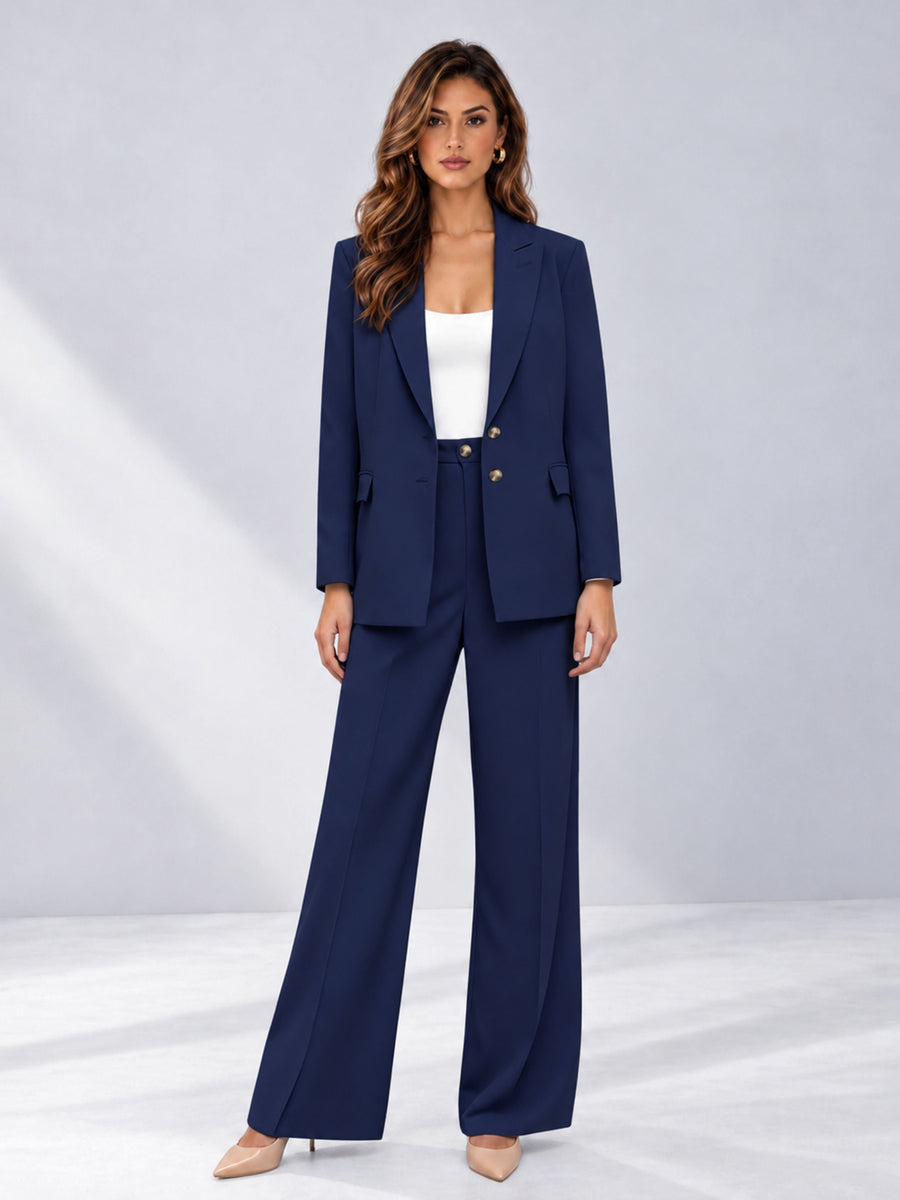 Navy Blue 2 Pieces Wide-Leg Suit Women's Suits 