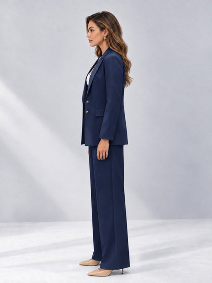 Navy Blue 2 Pieces Wide-Leg Suit Women's Suits 
