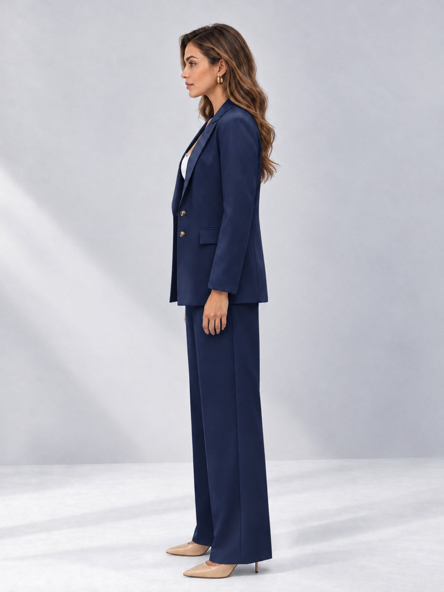 Navy Blue 2 Pieces Wide-Leg Suit Women's Suits 