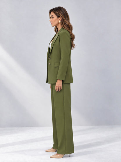 Olive Green 2 Pieces Wide-Leg Suit Women's Suits 