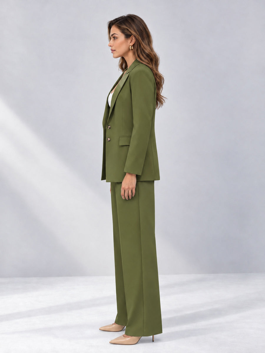 Olive Green 2 Pieces Wide-Leg Suit Women's Suits 
