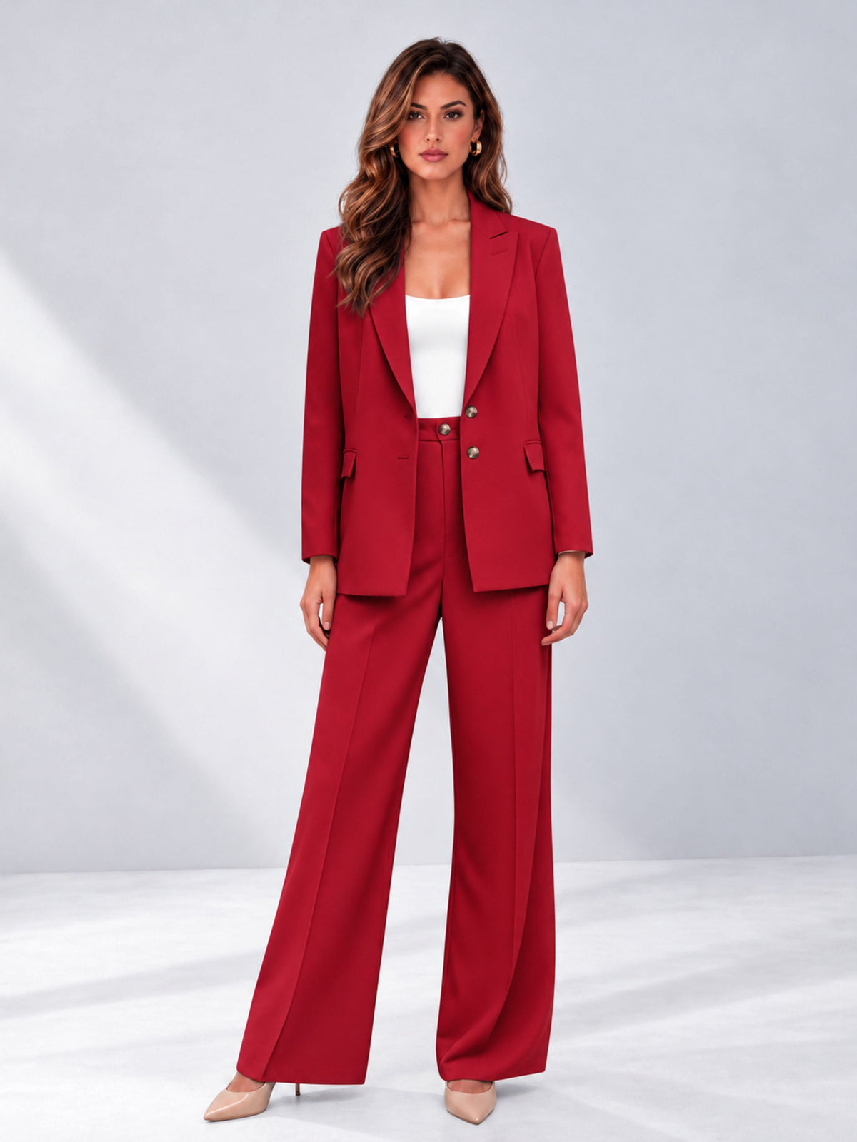 Red 2 Pieces Wide-Leg Suit Women's Suits 