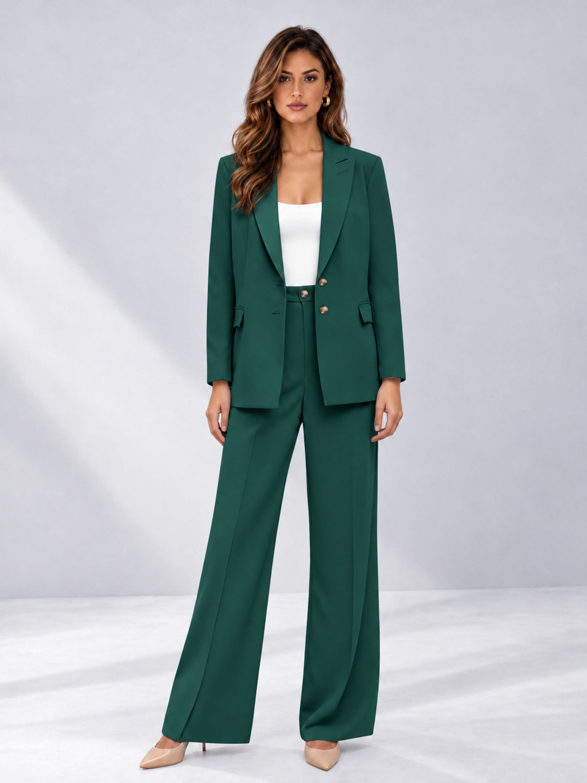 Teal 2 Pieces Wide-Leg Suit Women's Suits 