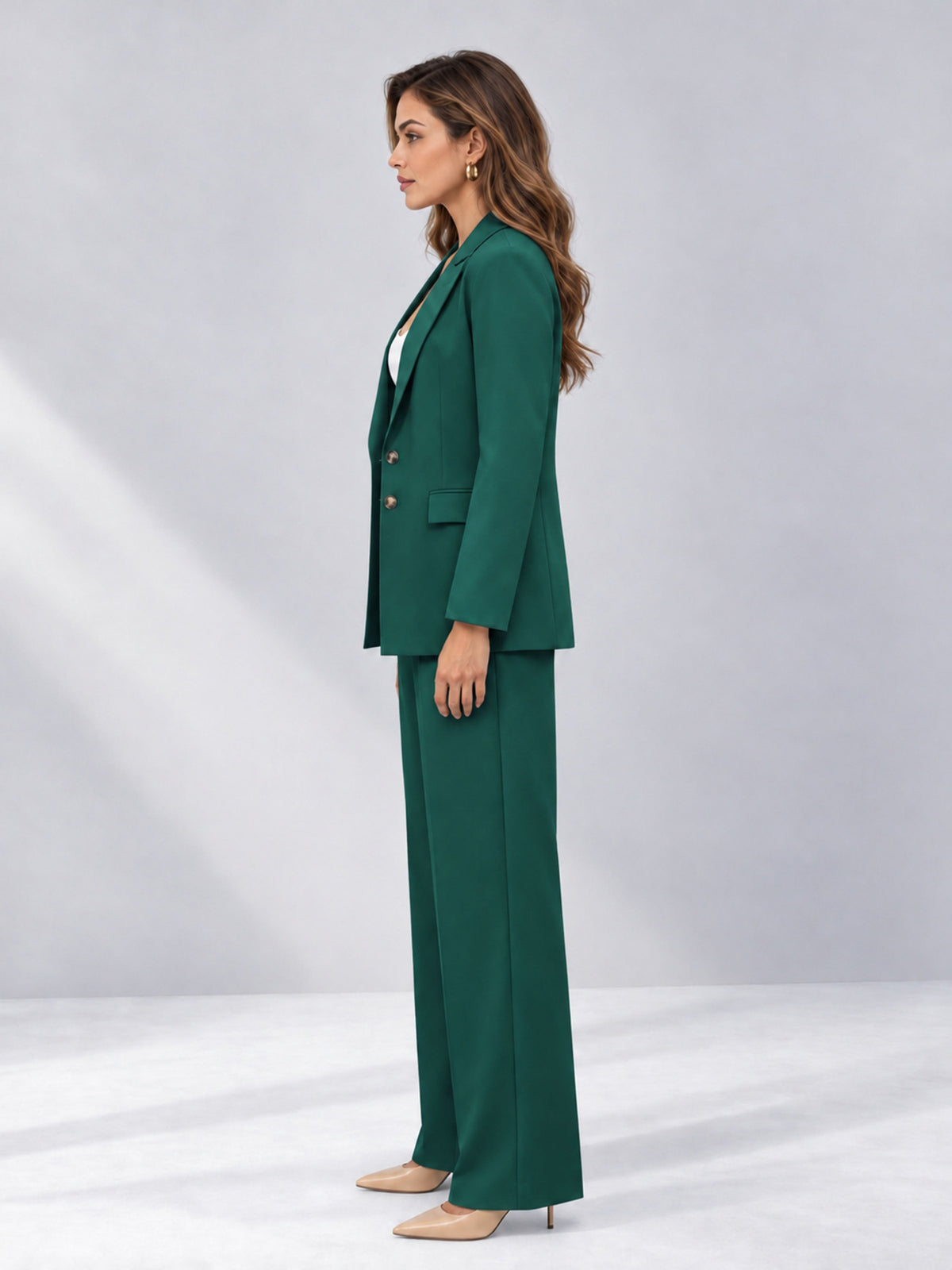 Teal 2 Pieces Wide-Leg Suit Women's Suits 