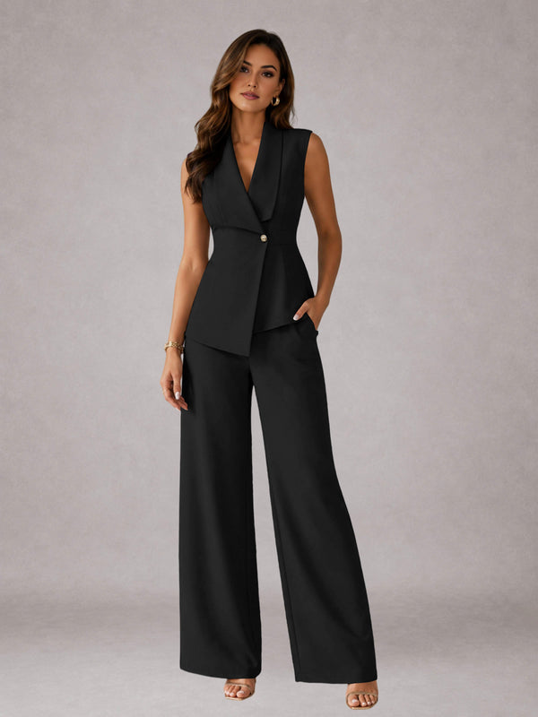 Black 2 Pieces Wide-Leg V-Neck One-Button Women's Suits