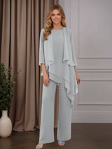 3 Pieces Chiffon Mother of the Bride Pantsuits with Jacket and Ruffles