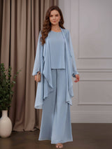 3 Pieces Chiffon Scoop Neck Mother of the Bride Pantsuits with Jacket