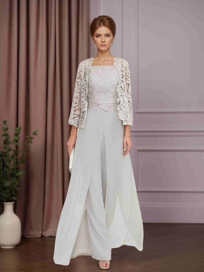 3 Pieces Chiffon Square Neck Floor-Length Mother of the Bride Pantsuits with Jacket & Appliques