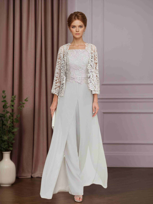 3 Pieces Chiffon Square Neck Floor-Length Mother of the Bride Pantsuits with Jacket & Appliques