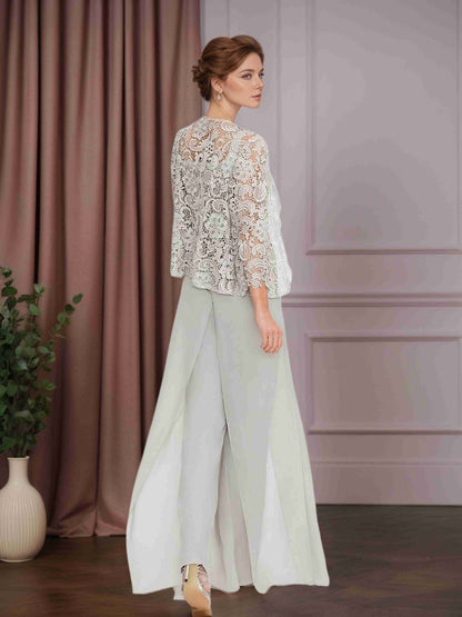 3 Pieces Chiffon Square Neck Floor-Length Mother of the Bride Pantsuits with Jacket & Appliques