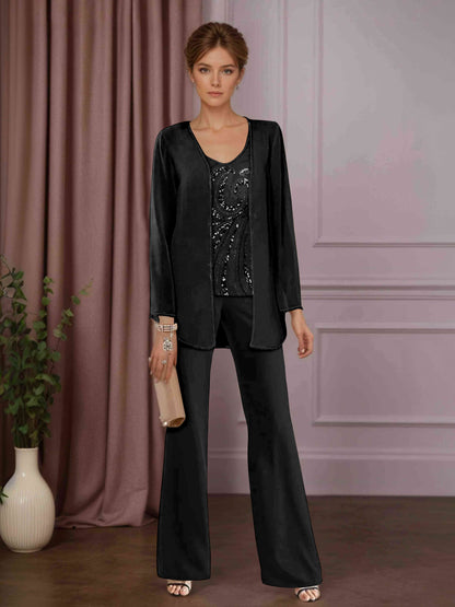 3 Pieces Chiffon V-Neck Floor-Length Mother of the Bride Pantsuits with Jacket & Sequins