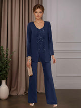 Free Shipping 3 Pieces Chiffon V-Neck Floor-Length Mother of the Bride Pantsuits with Jacket & Sequins