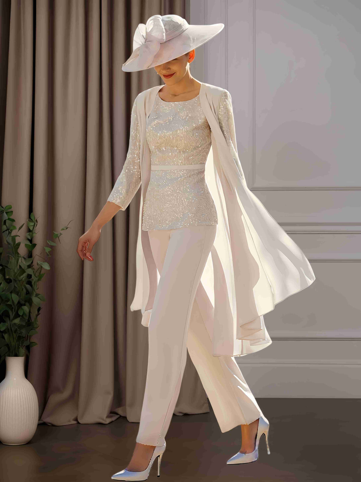 3 Pieces Scoop Neck Ankle-Length Mother of the Bride Pantsuits with Sequins & Jacket