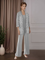 3 Pieces Scoop Neck Mother of the Bride Pantsuits Ankle Length with Sequins Jacket
