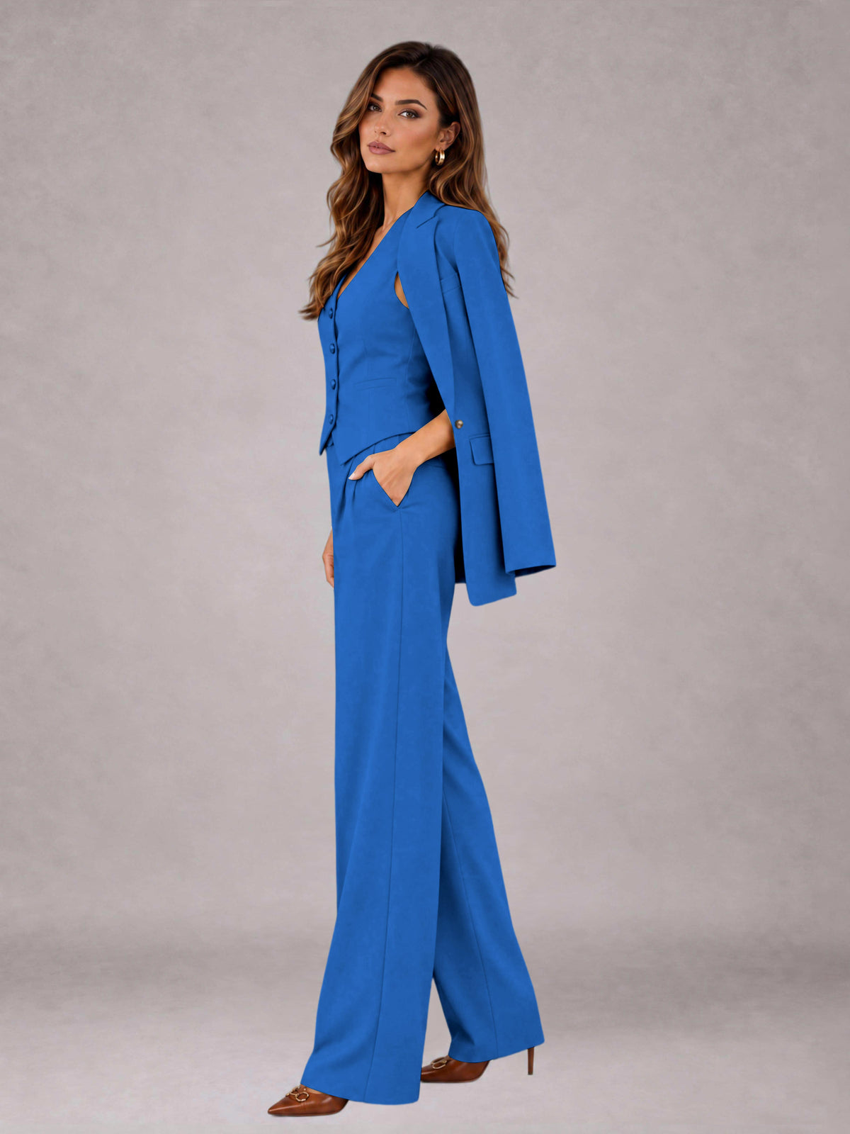 Blue 3 Pieces Tailored Fit Elegant Women's Suits for Business Casual