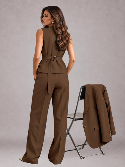 Brown 3 Pieces Tailored Fit Elegant Women's Suits for Business Casual