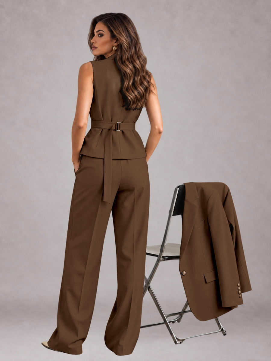 Brown 3 Pieces Tailored Fit Elegant Women's Suits for Business Casual