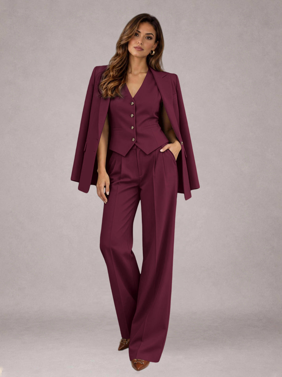 Burgundy 3 Pieces Tailored Fit Elegant Women's Suits for Business Casual