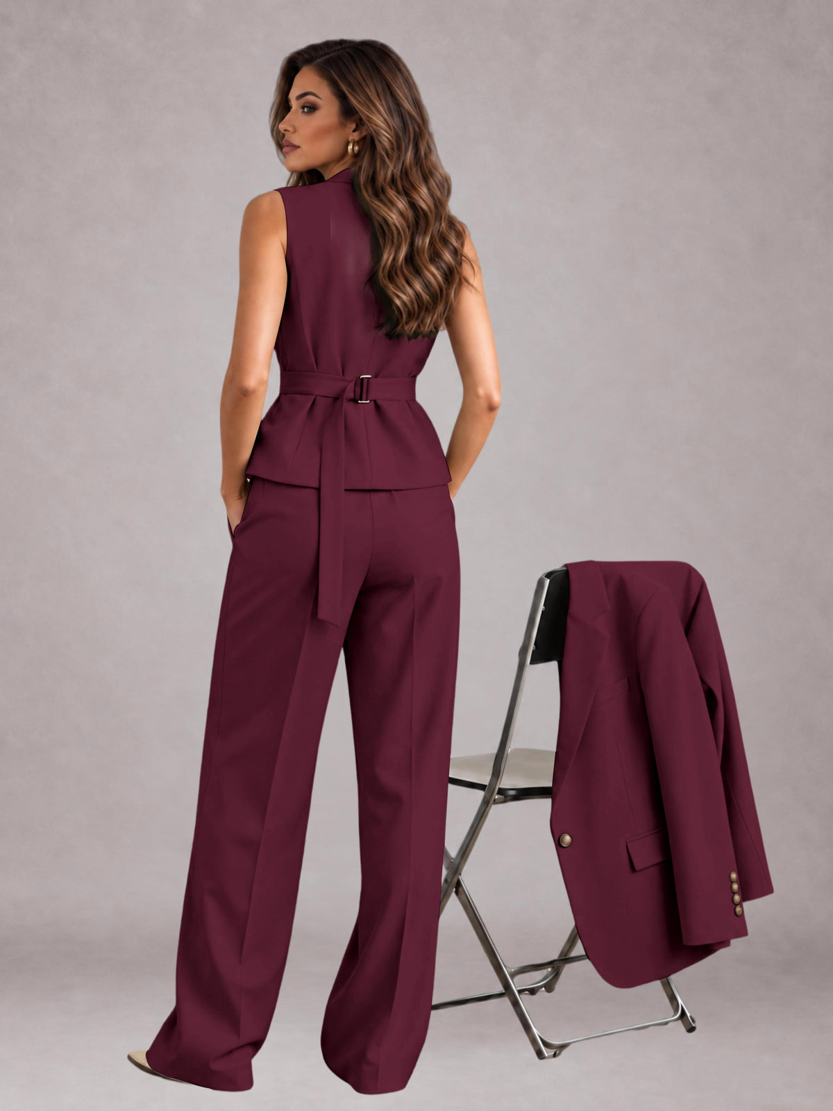 Burgundy 3 Pieces Tailored Fit Elegant Women's Suits for Business Casual