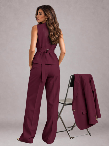 Burgundy 3 Pieces Tailored Fit Elegant Women's Suits for Business Casual