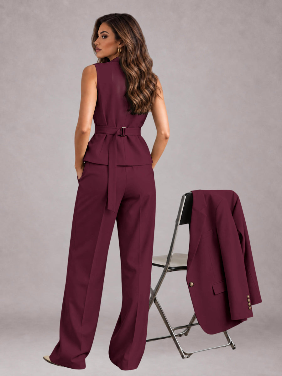 Burgundy 3 Pieces Tailored Fit Elegant Women's Suits for Business Casual