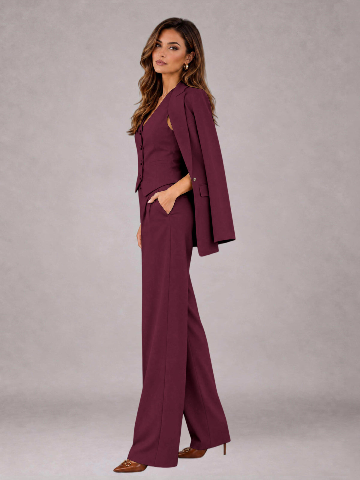 Burgundy 3 Pieces Tailored Fit Elegant Women's Suits for Business Casual