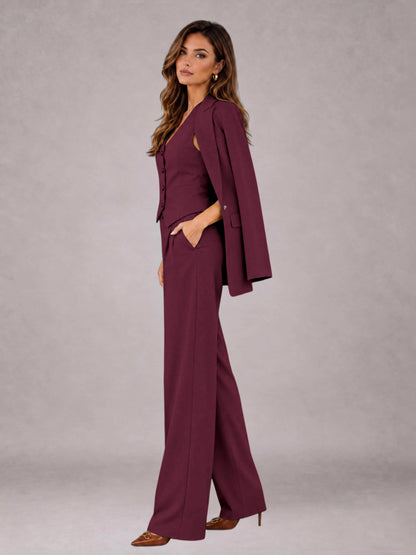 Burgundy 3 Pieces Tailored Fit Elegant Women's Suits for Business Casual