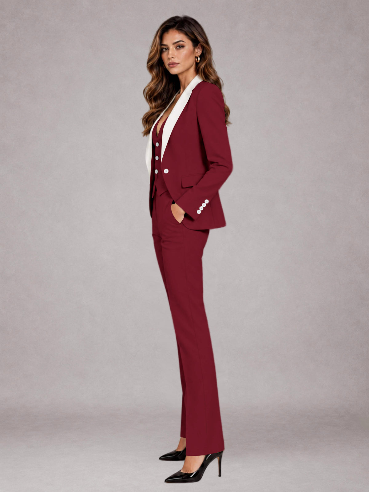 Burgundy 3 Pieces Tailored Fit Elegant Women's Suits for Professional Look