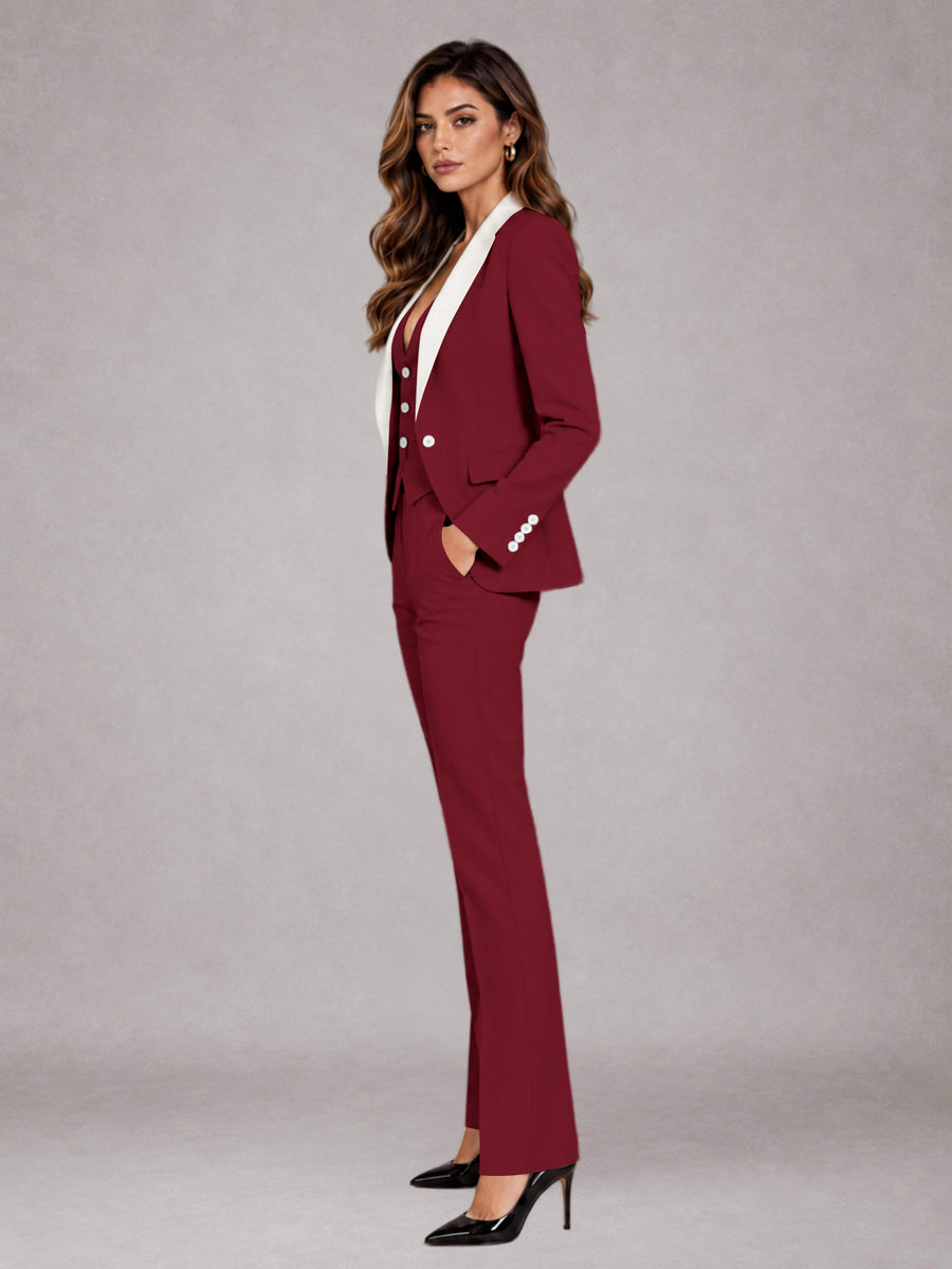 Burgundy 3 Pieces Tailored Fit Elegant Women's Suits for Professional Look