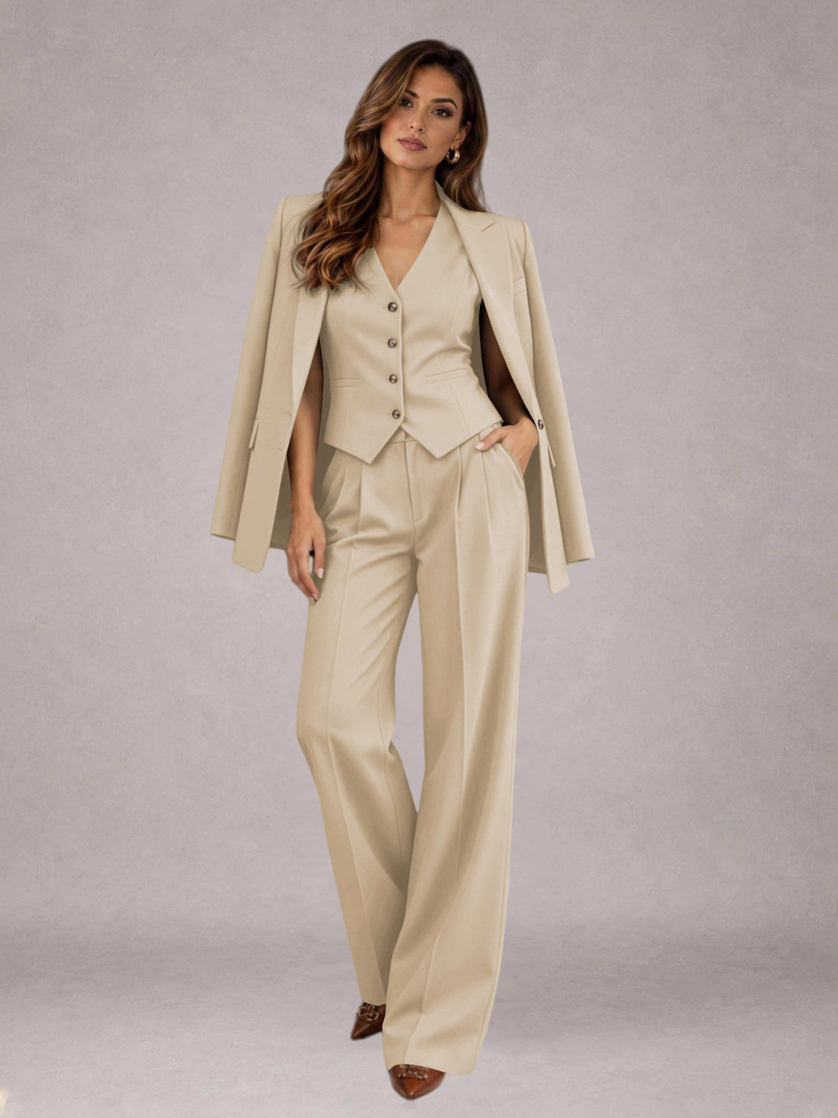 Champagne 3 Pieces Tailored Fit Elegant Women's Suits for Business Casual