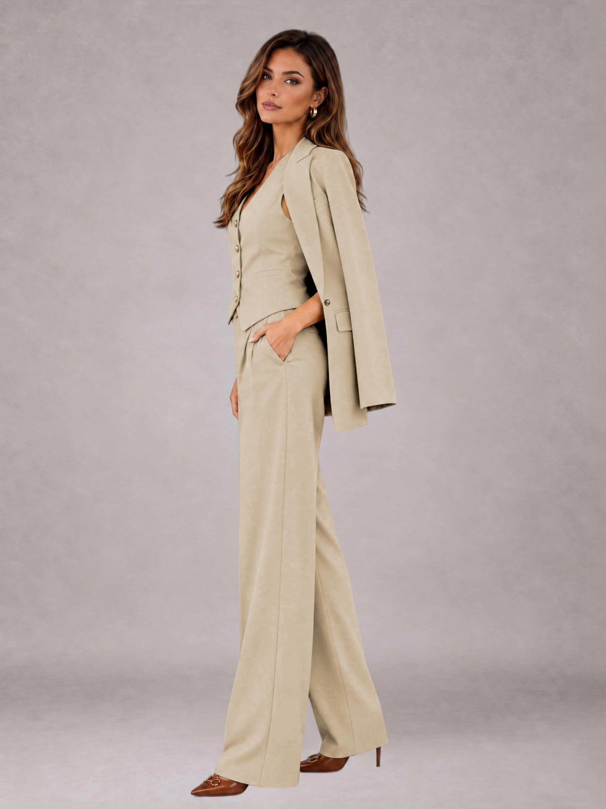 Champagne 3 Pieces Tailored Fit Elegant Women's Suits for Business Casual