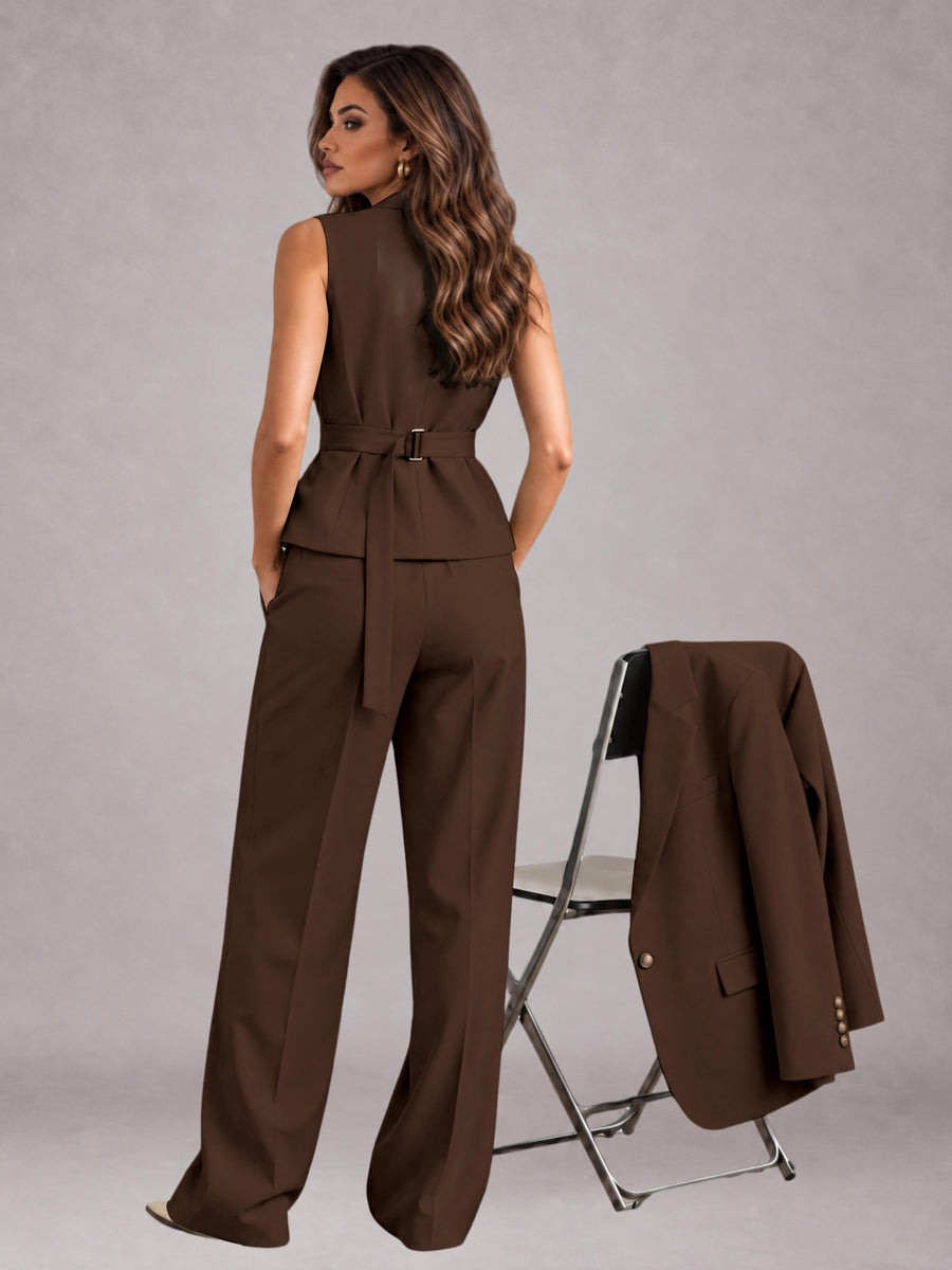 Chocolate 3 Pieces Tailored Fit Elegant Women's Suits for Business Casual