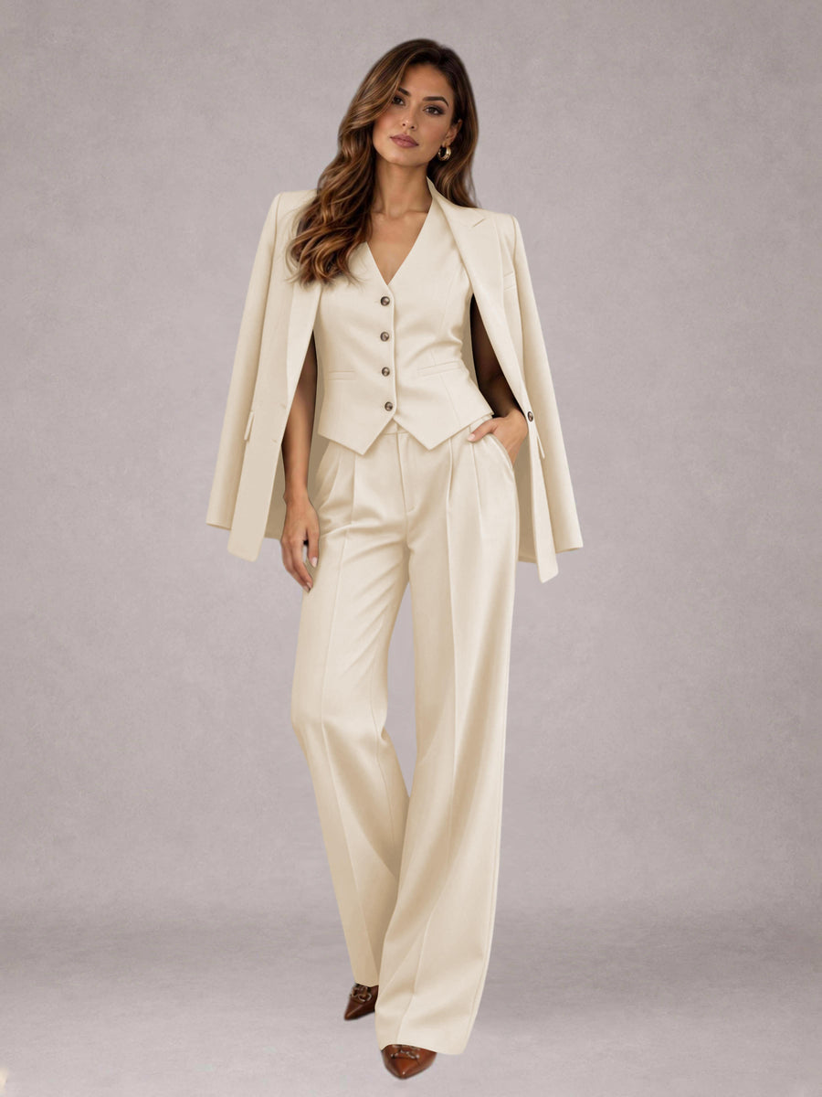 Cream 3 Pieces Tailored Fit Elegant Women's Suits for Business Casual