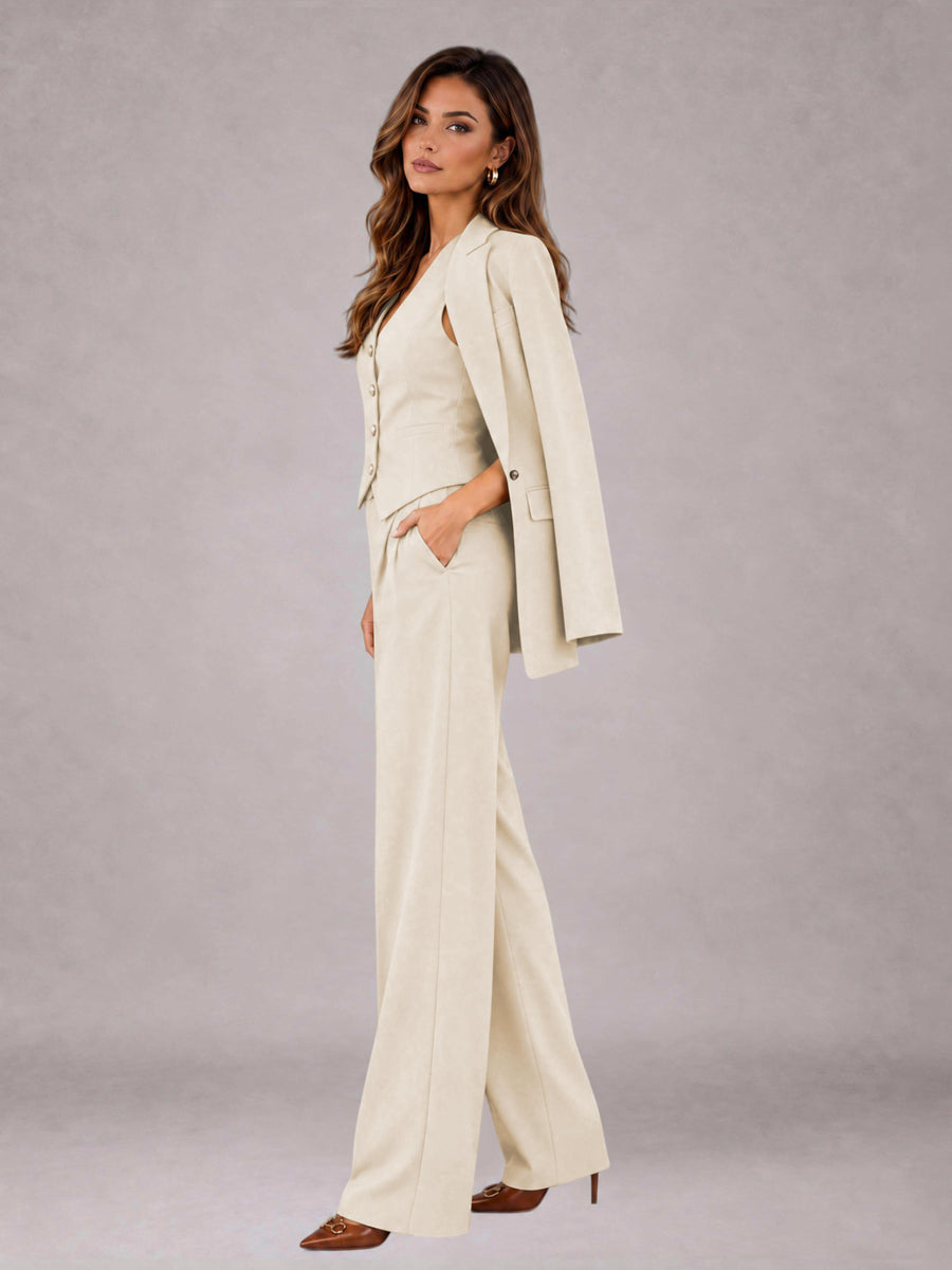 Cream 3 Pieces Tailored Fit Elegant Women's Suits for Business Casual