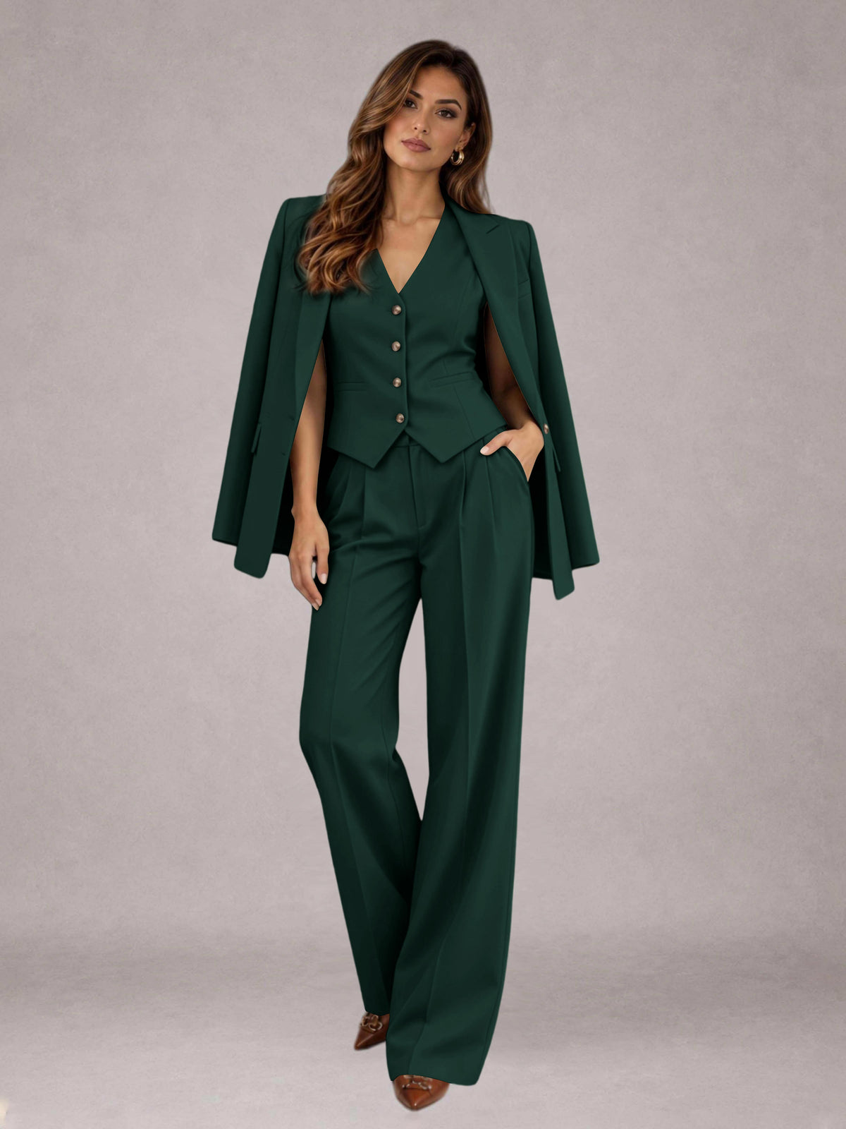 Dark Green 3 Pieces Tailored Fit Elegant Women's Suits for Business Casual