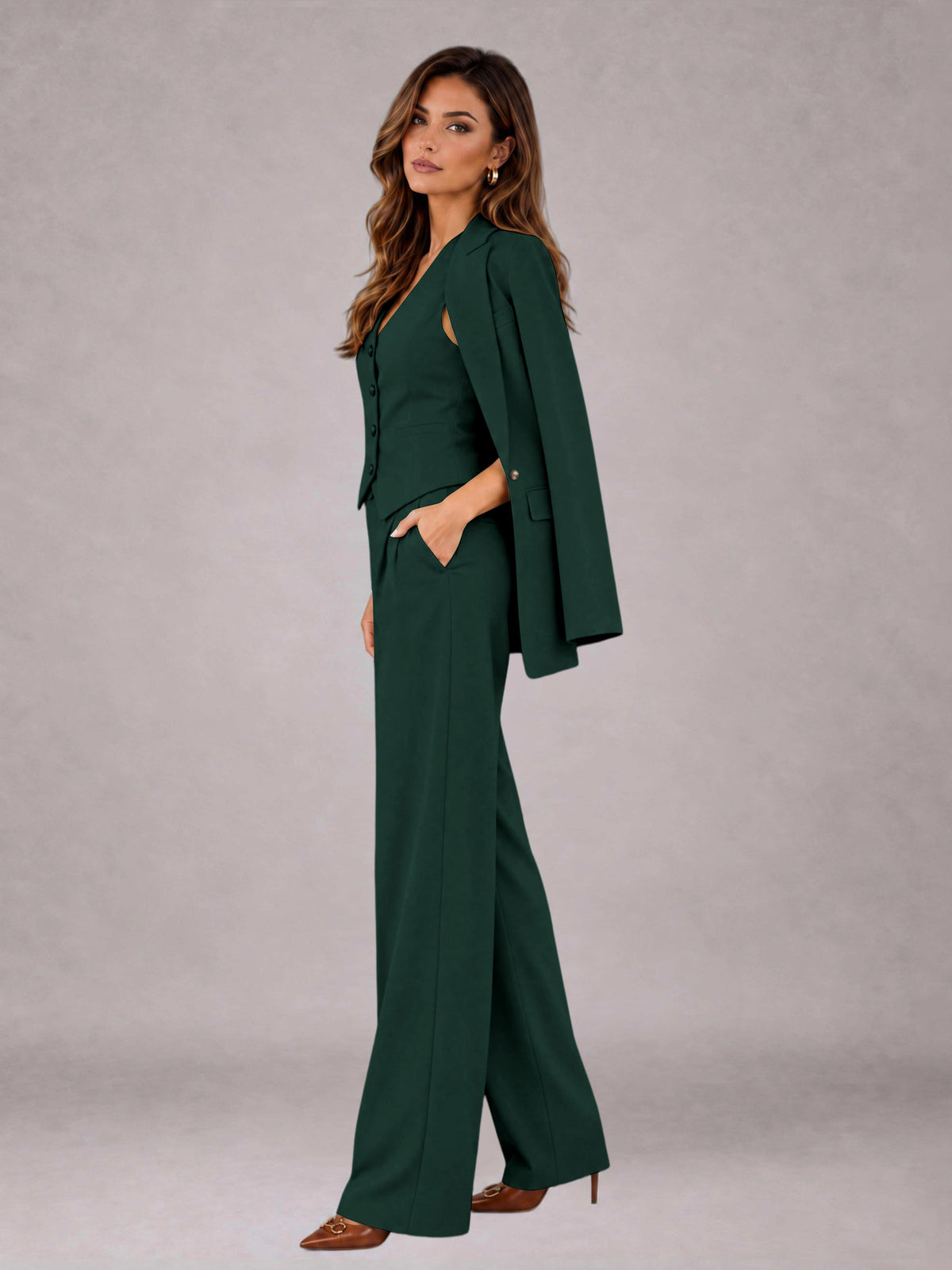 Dark Green 3 Pieces Tailored Fit Elegant Women's Suits for Business Casual