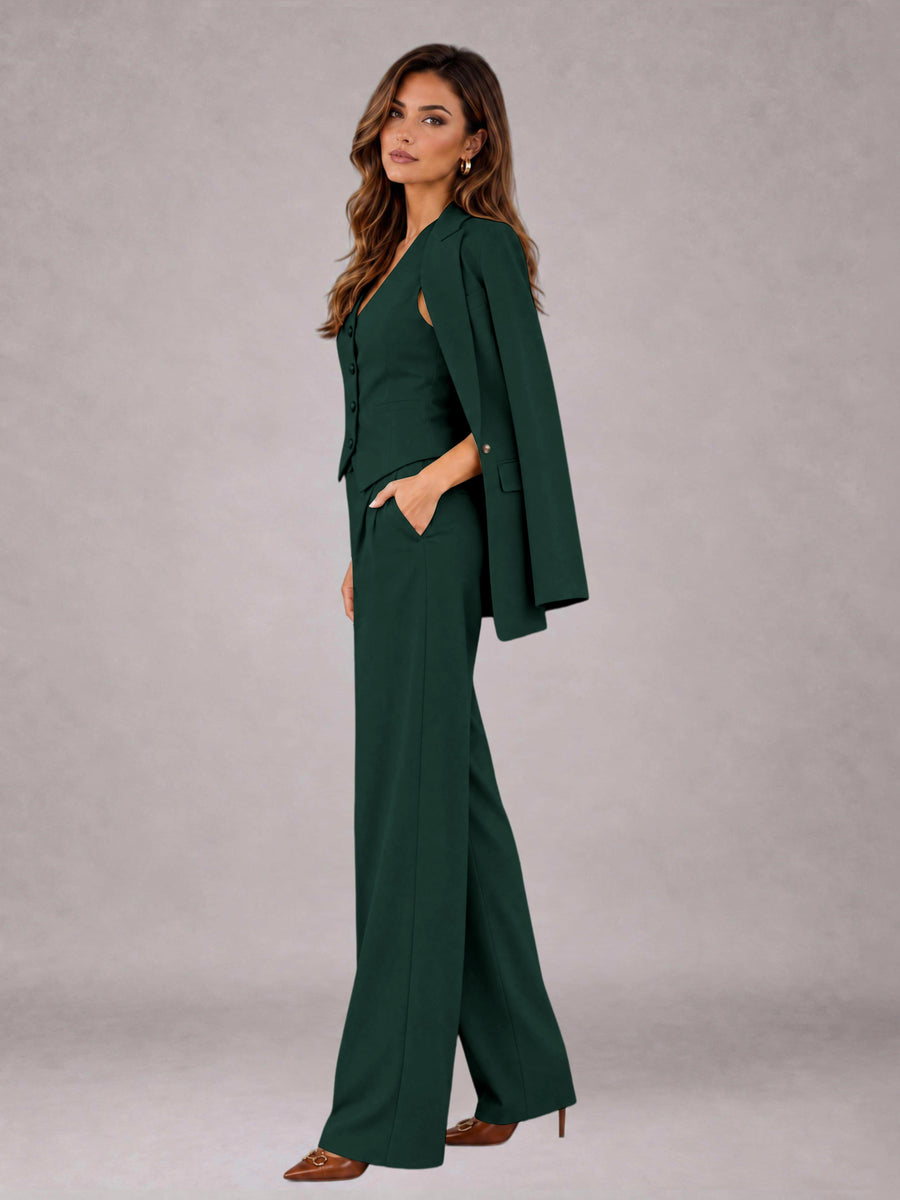 Dark Green 3 Pieces Tailored Fit Elegant Women's Suits for Business Casual