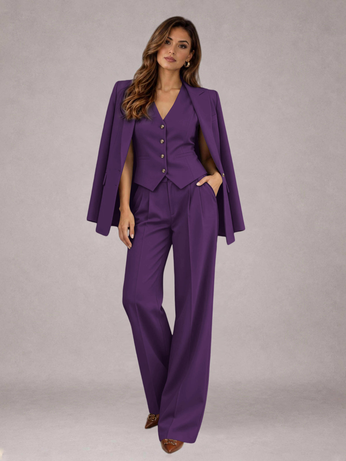 Dark Purple 3 Pieces Tailored Fit Elegant Women's Suits for Business Casual
