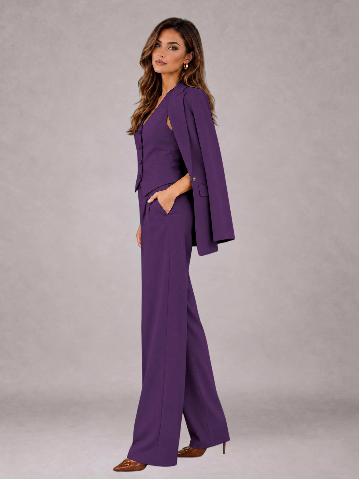 Dark Purple 3 Pieces Tailored Fit Elegant Women's Suits for Business Casual