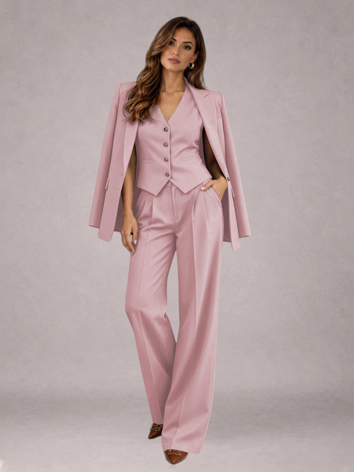 Dusty Rose 3 Pieces Tailored Fit Elegant Women's Suits for Business Casual