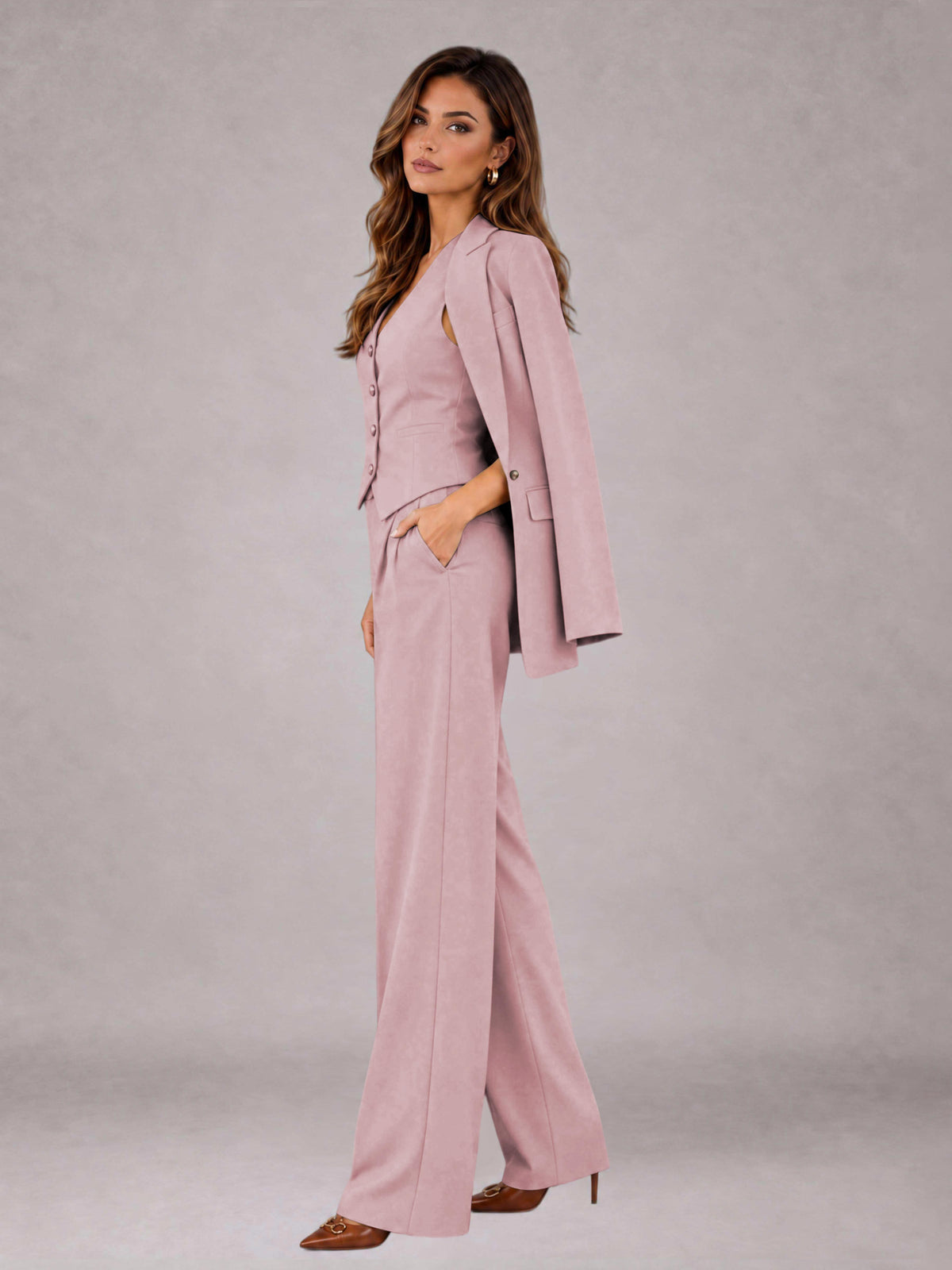 Dusty Rose 3 Pieces Tailored Fit Elegant Women's Suits for Business Casual