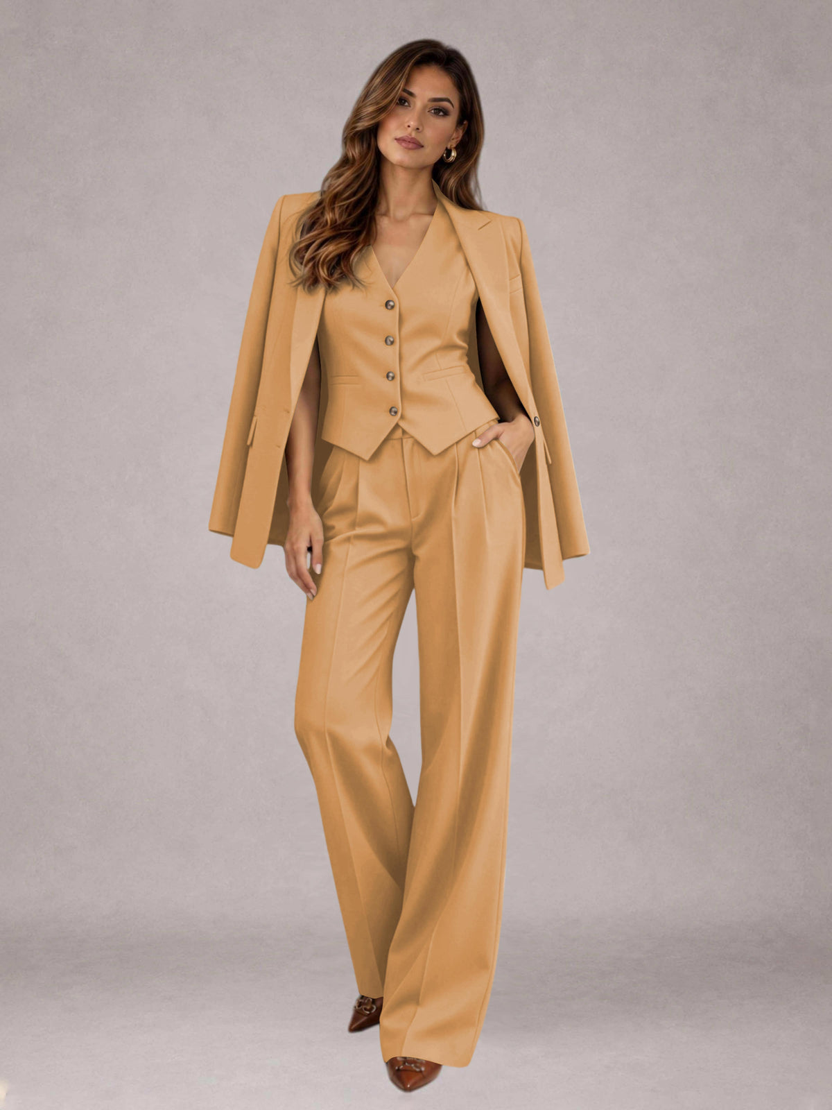 Gold 3 Pieces Tailored Fit Elegant Women's Suits for Business Casual