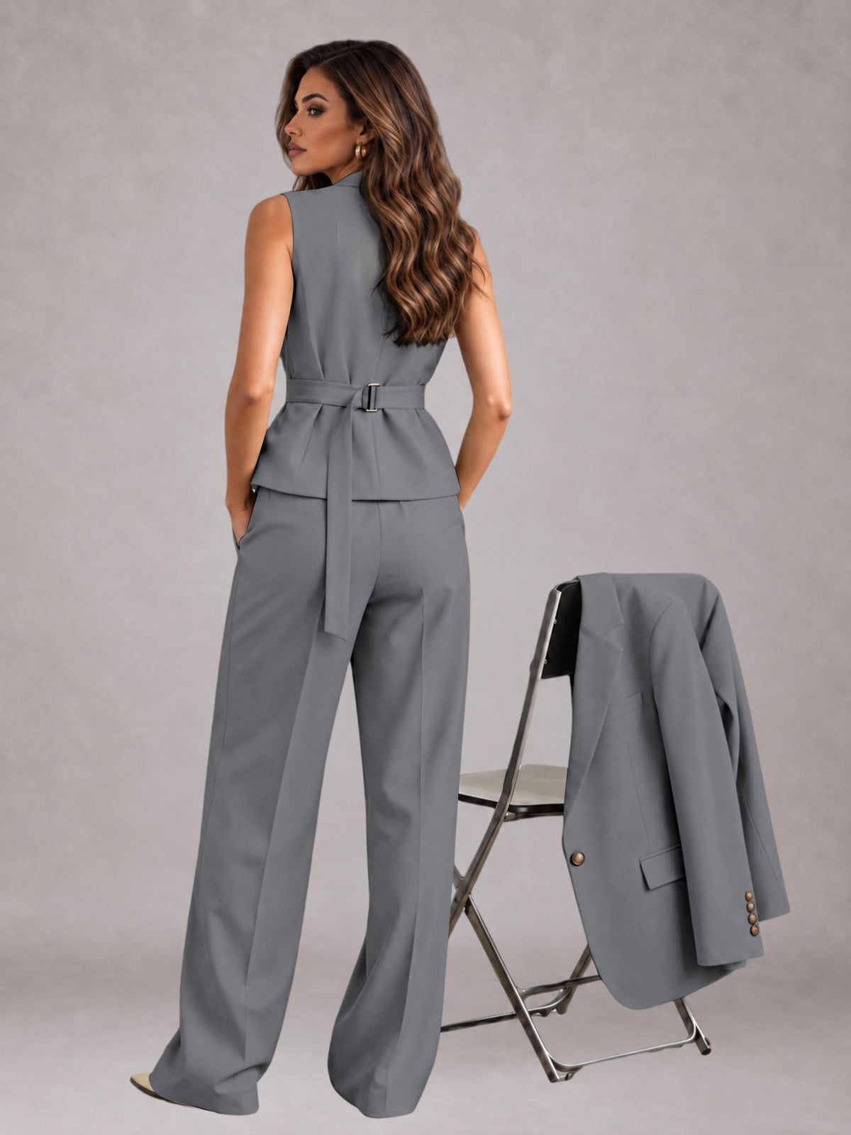 Gray 3 Pieces Tailored Fit Elegant Women's Suits for Business Casual