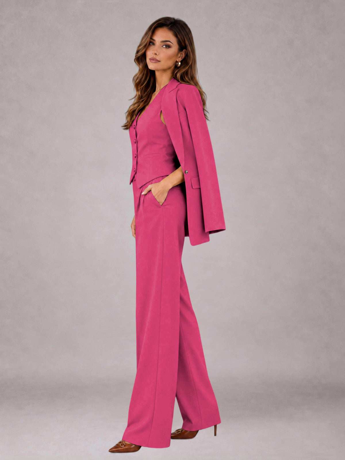 Hot Pink 3 Pieces Tailored Fit Elegant Women's Suits for Business Casual