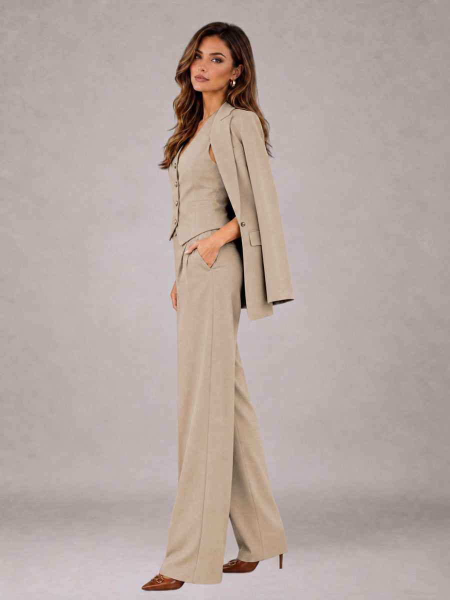 Khaki 3 Pieces Tailored Fit Elegant Women's Suits for Business Casual