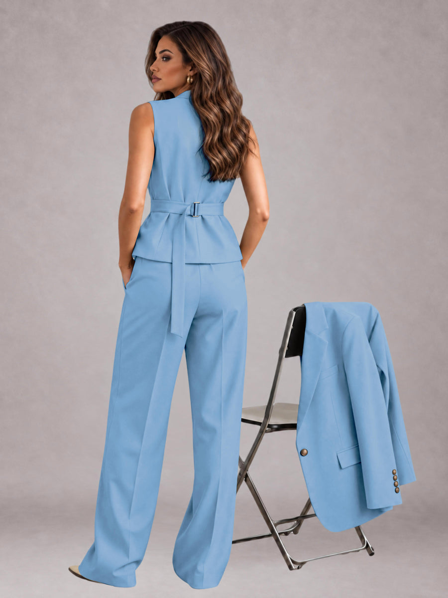 Light Blue 3 Pieces Tailored Fit Elegant Women's Suits for Business Casual