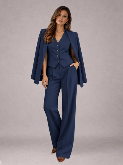 Navy Blue 3 Pieces Tailored Fit Elegant Women's Suits for Business Casual