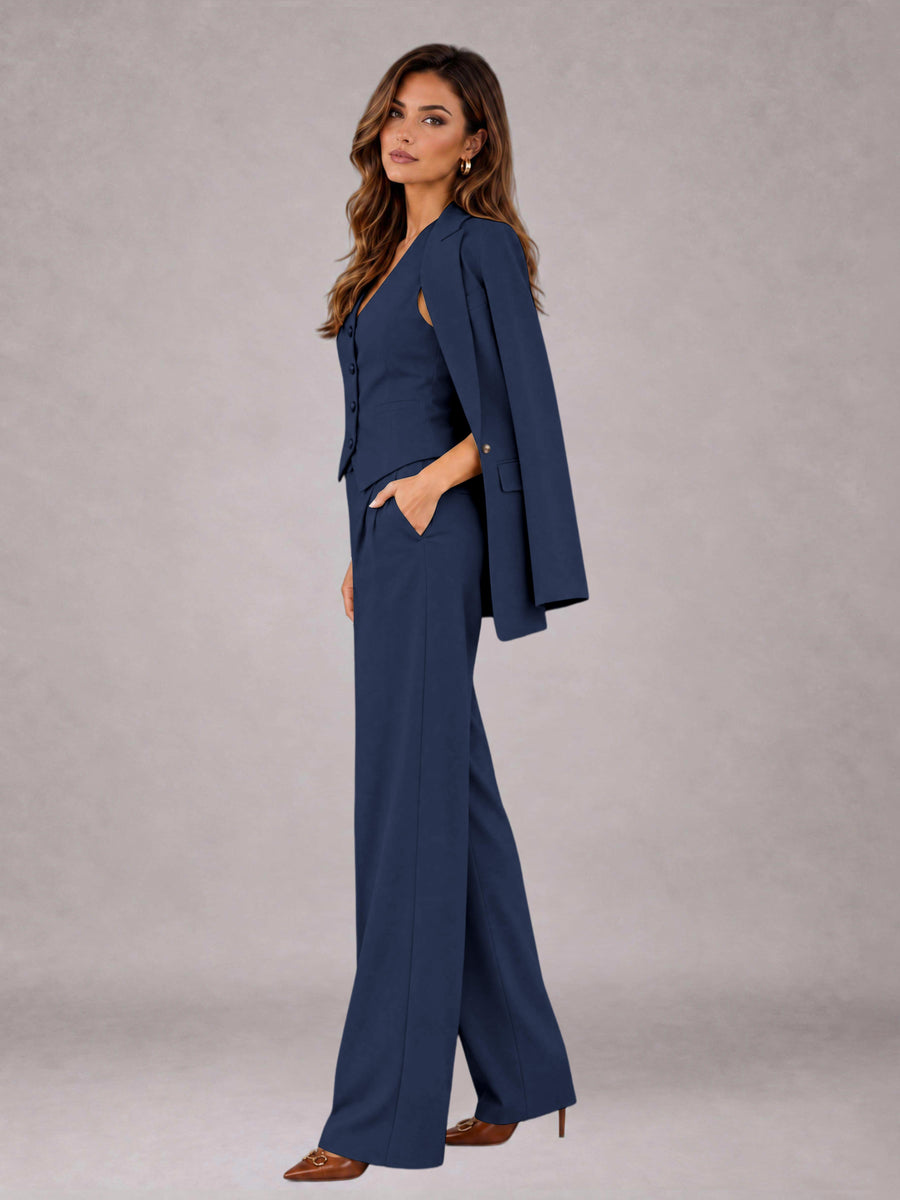 Navy Blue 3 Pieces Tailored Fit Elegant Women's Suits for Business Casual