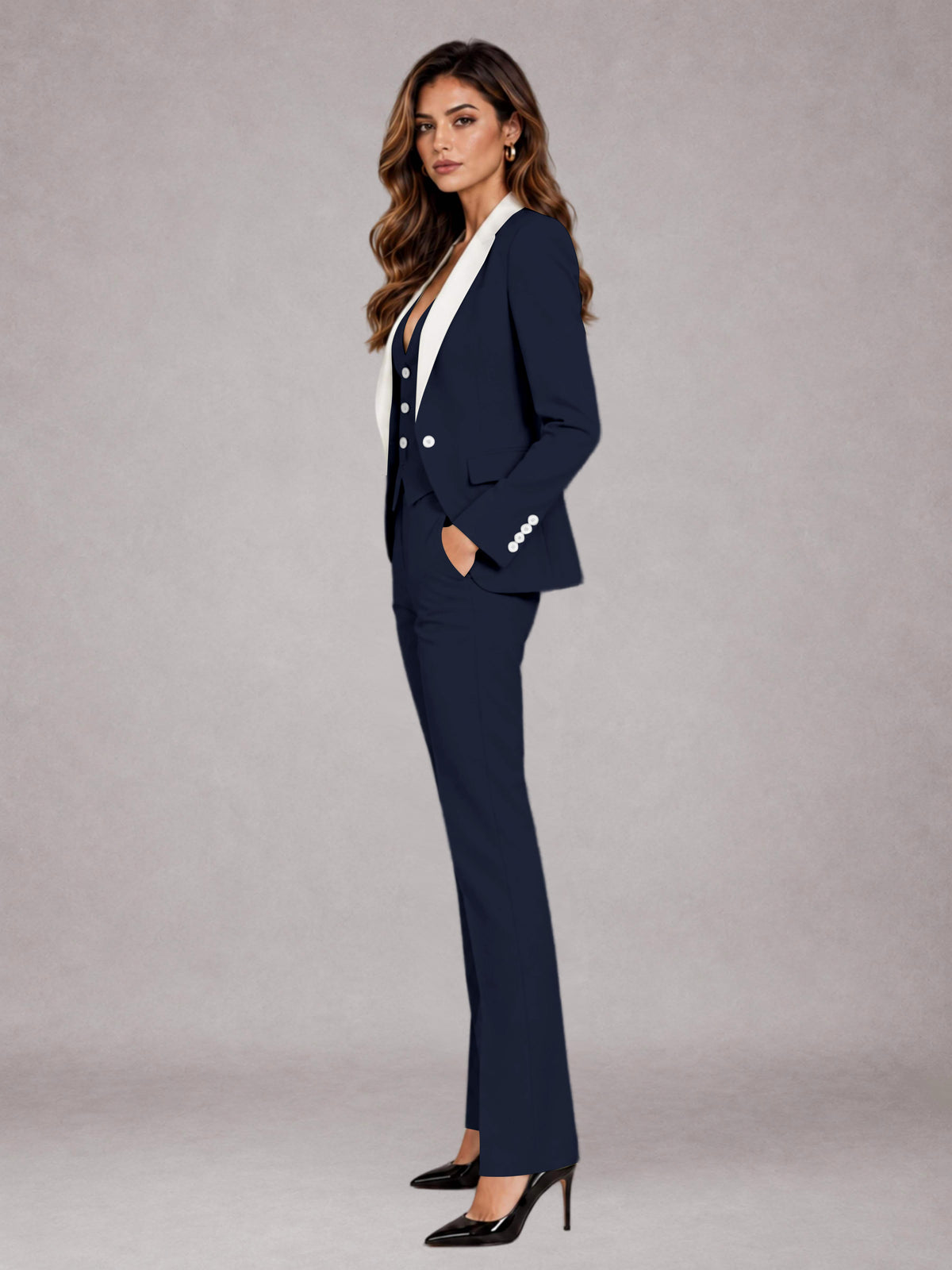 Navy Blue 3 Pieces Tailored Fit Elegant Women's Suits for Professional Look