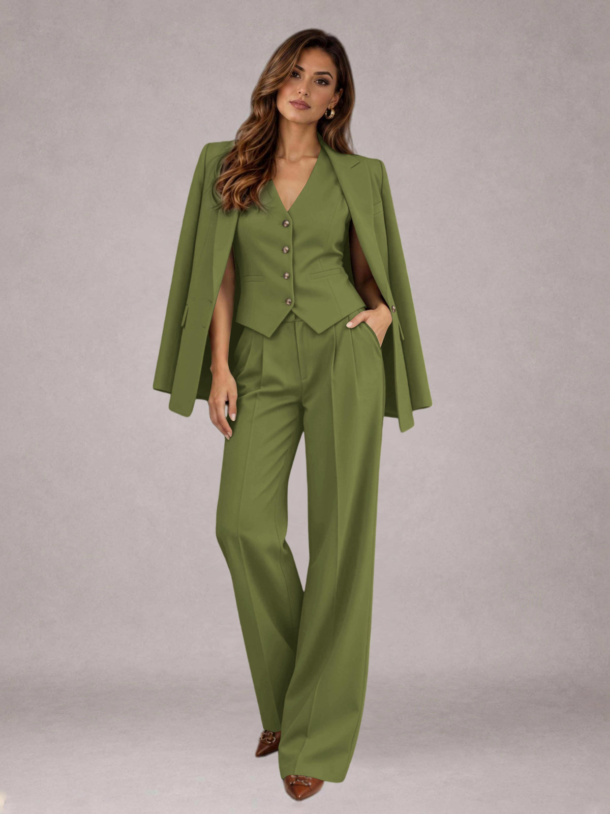 Olive Green 3 Pieces Tailored Fit Elegant Women's Suits for Business Casual